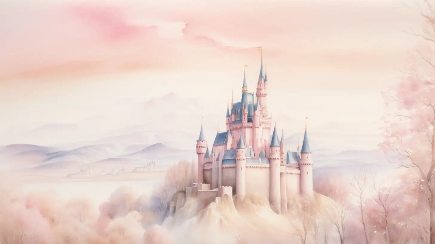 Enchanting Watercolor Landscape with a Dreamy Castle in Pastel Shades