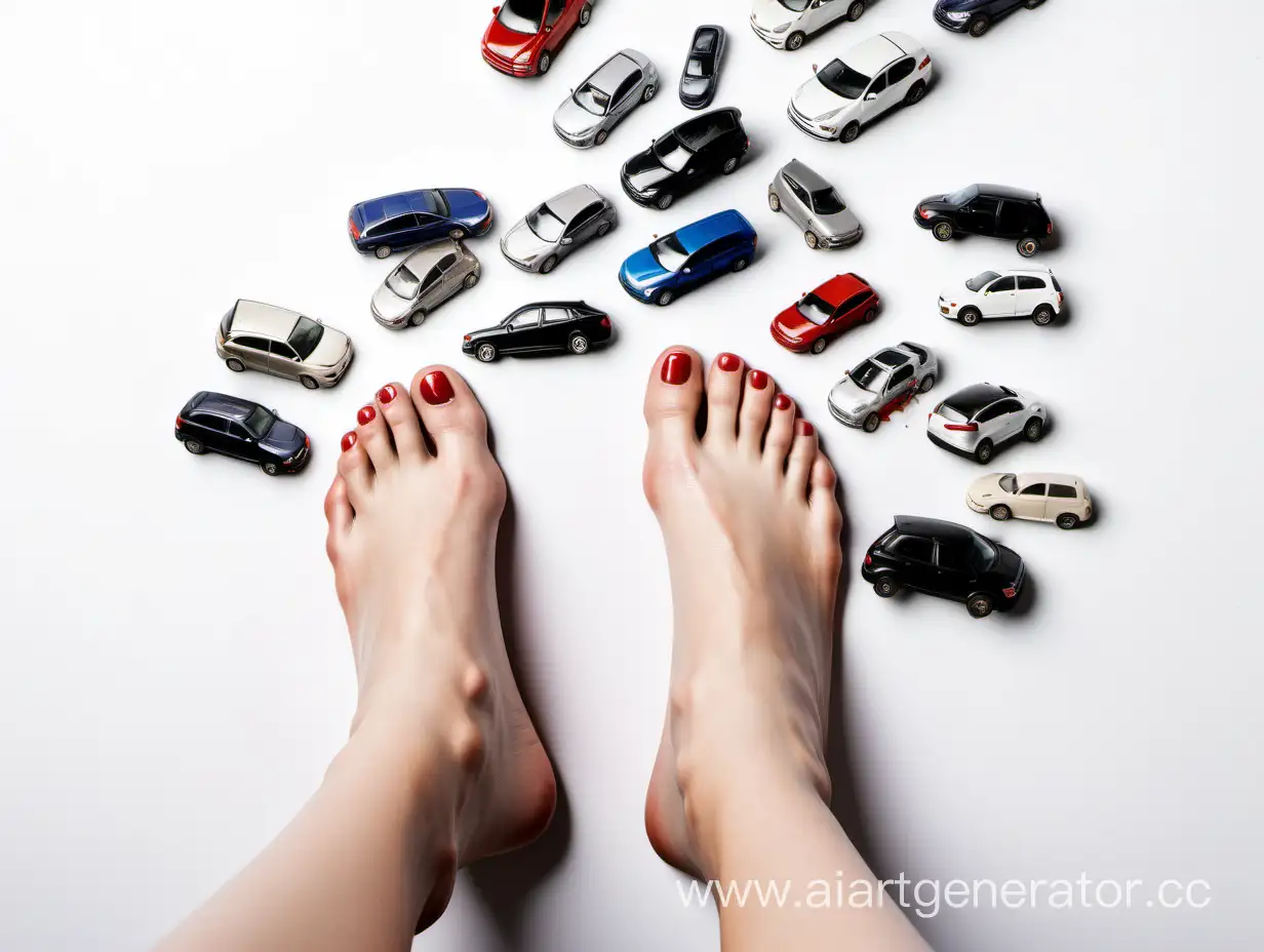 Crushing-Cars-Womans-Foot-on-White-Background