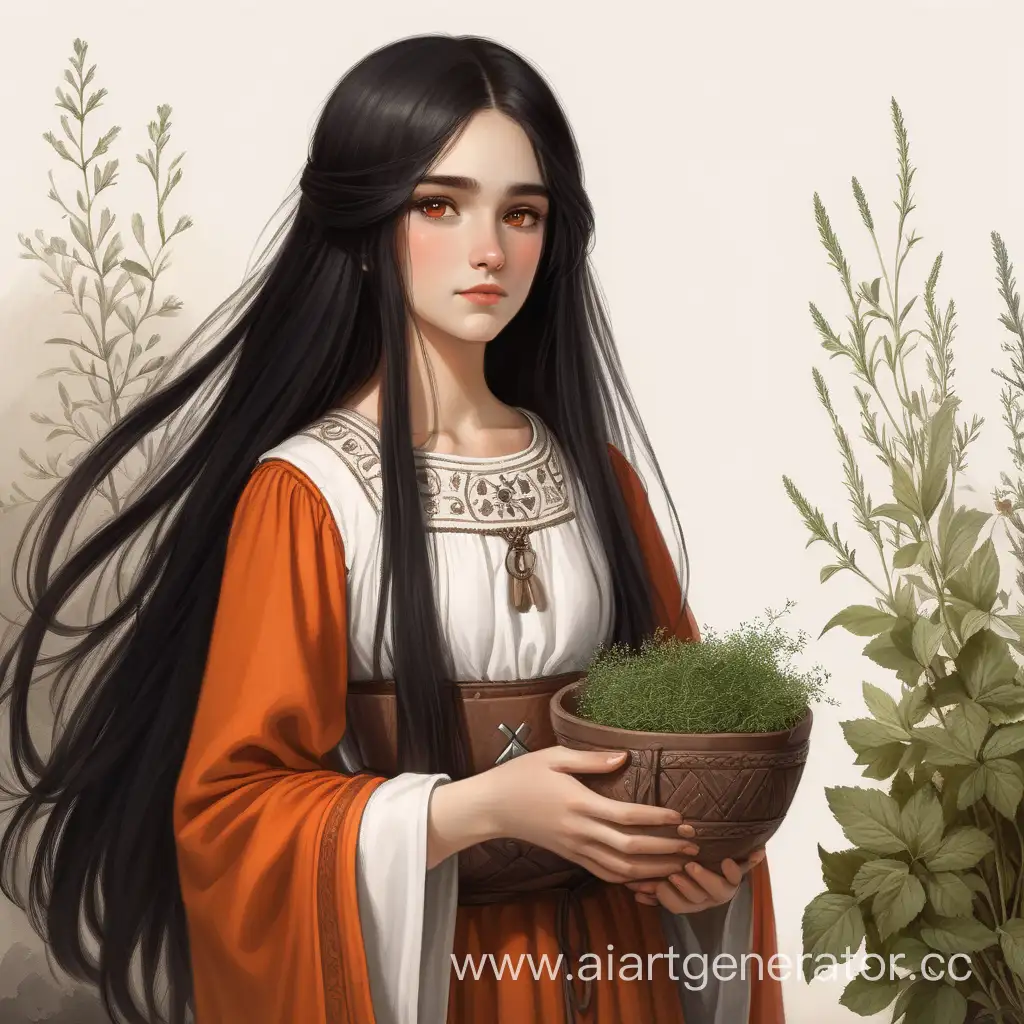 Молодая, Бледная Девушка В древней Руси. с чёрными длинными волосами, карие глаза, одетая в средневековый темно-оранжевый сарафан и белую рубашку, с травами в руках