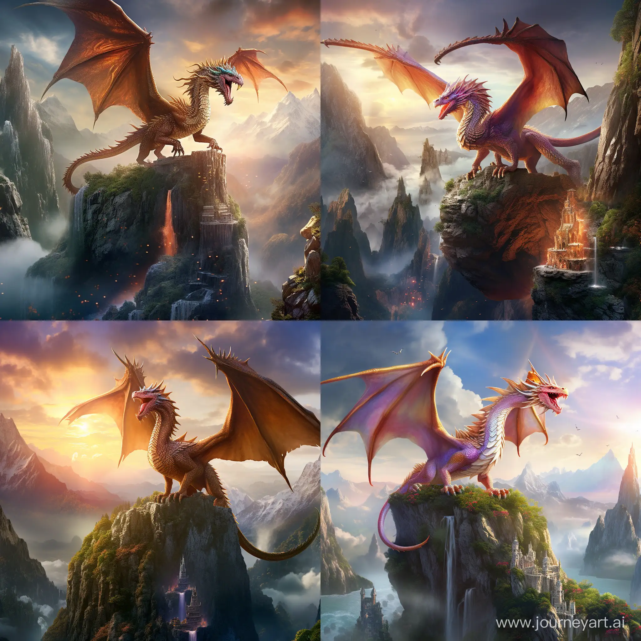 "Craft an awe-inspiring scene of a majestic dragon soaring gracefully above an ancient, mist-shrouded mountain range. The dragon's iridescent scales catch the sunlight, creating a mesmerizing display, while below, a mythical landscape unfolds with cascading waterfalls, lush forests, and hidden caves, all enveloped in an enchanting atmosphere."