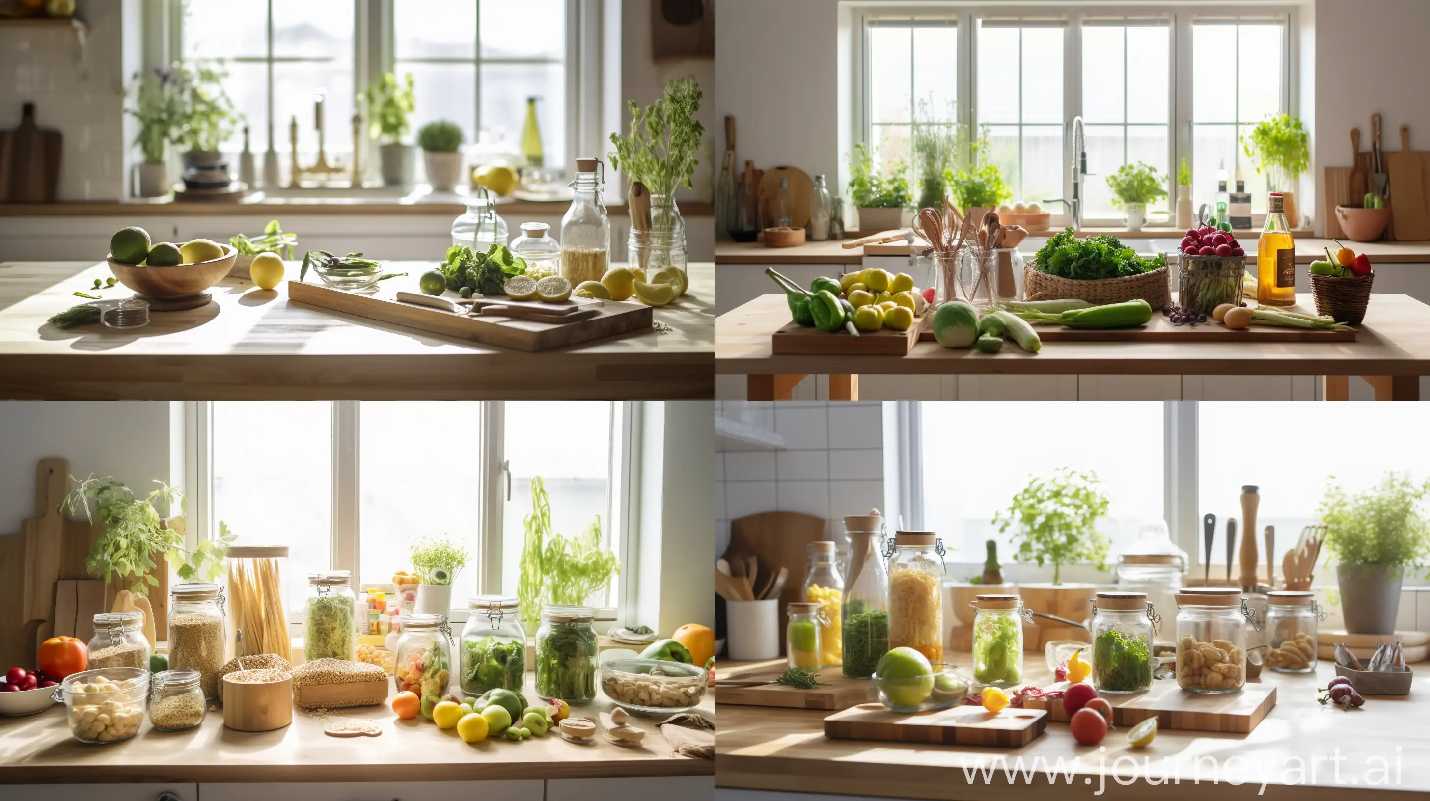 /imagine prompt: Eco-Friendly Kitchen Makeover: Simple Swaps for a Greener Kitchen, Fresh vegetables neatly arranged on sustainable bamboo cutting boards, reusable glass containers filled with bulk ingredients, natural light streaming in through windows adorned with eco-friendly curtains, creating a bright and inviting atmosphere, Photography, DSLR camera with a 50mm prime lens, --ar 16:9 --v 5