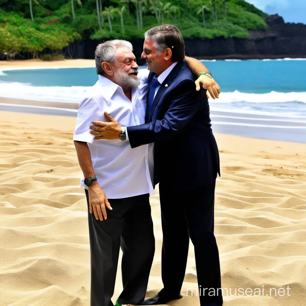 Brazilian Leaders Lula and Bolsonaro in a Friendly Embrace on Hawaiian Shore