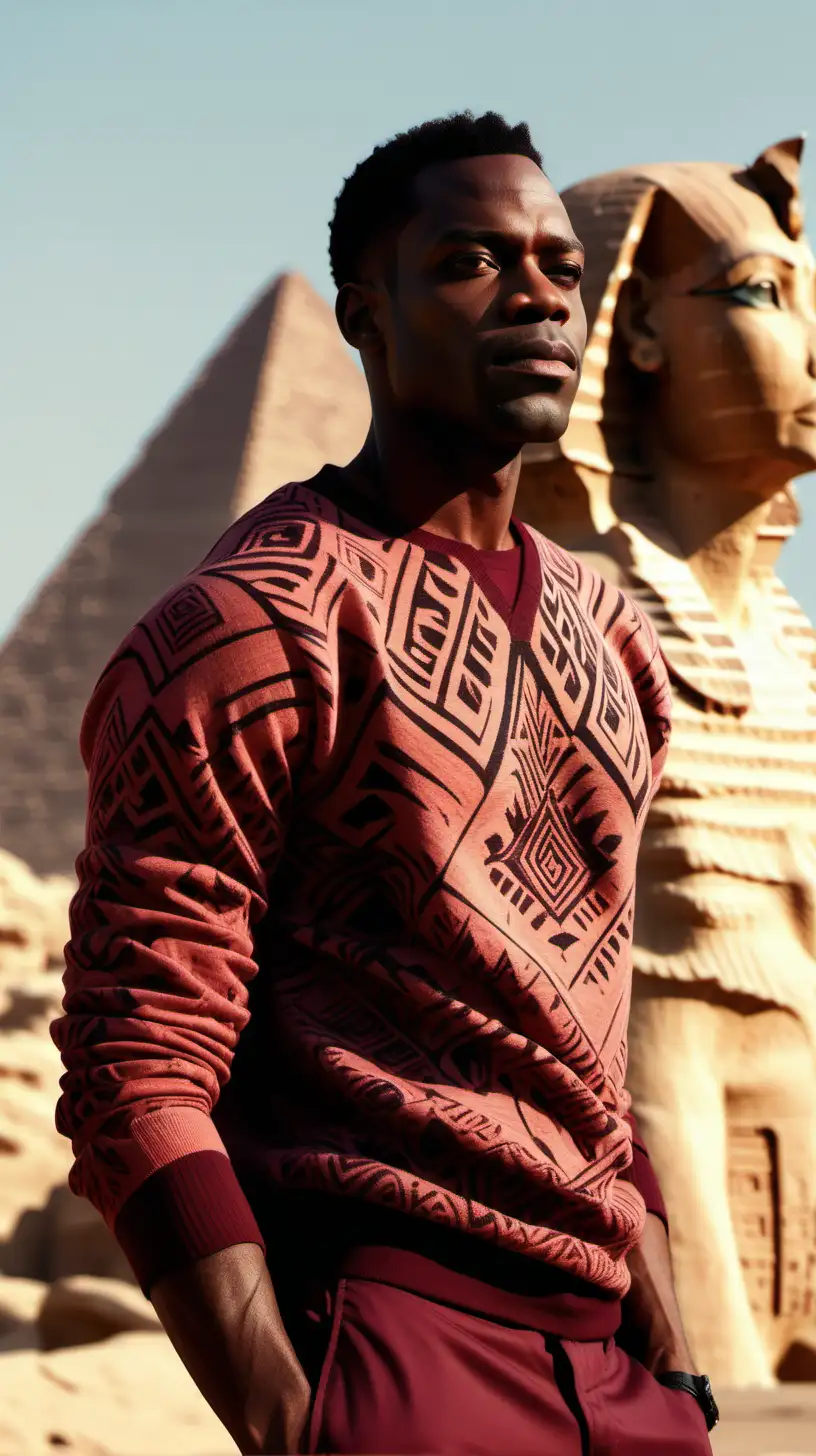 Handsome Black man, wearing  Salmon, Linen, African print sweater, wearing Burgundy,  cargo pants, close up, standing in dessert, The Sphinx in Egypt in background, Break of Dawn sky in the distance Ultra 4k, high definition, 1080p resolution, lighting is volumetric