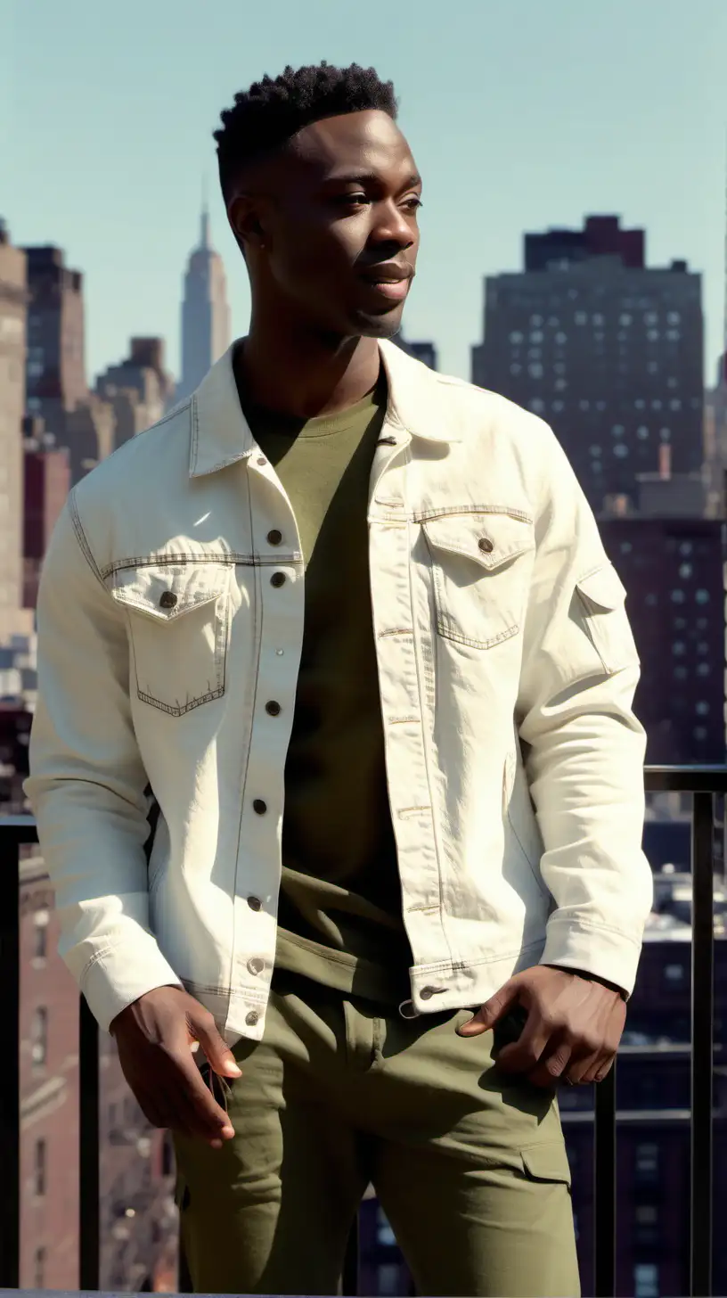 cute, slim, Black, man, wearing a White, Denim Jacket, wearing Olive green, cotton crew neck long sleeve shirt, wearing khaki, Cargo pants, Standing on the balcony of penthouse overlooking New York, in Harlem NY, close up, sunny day, 1080p Resolution, Volumetric lighting, Ultra 4k, High Definition