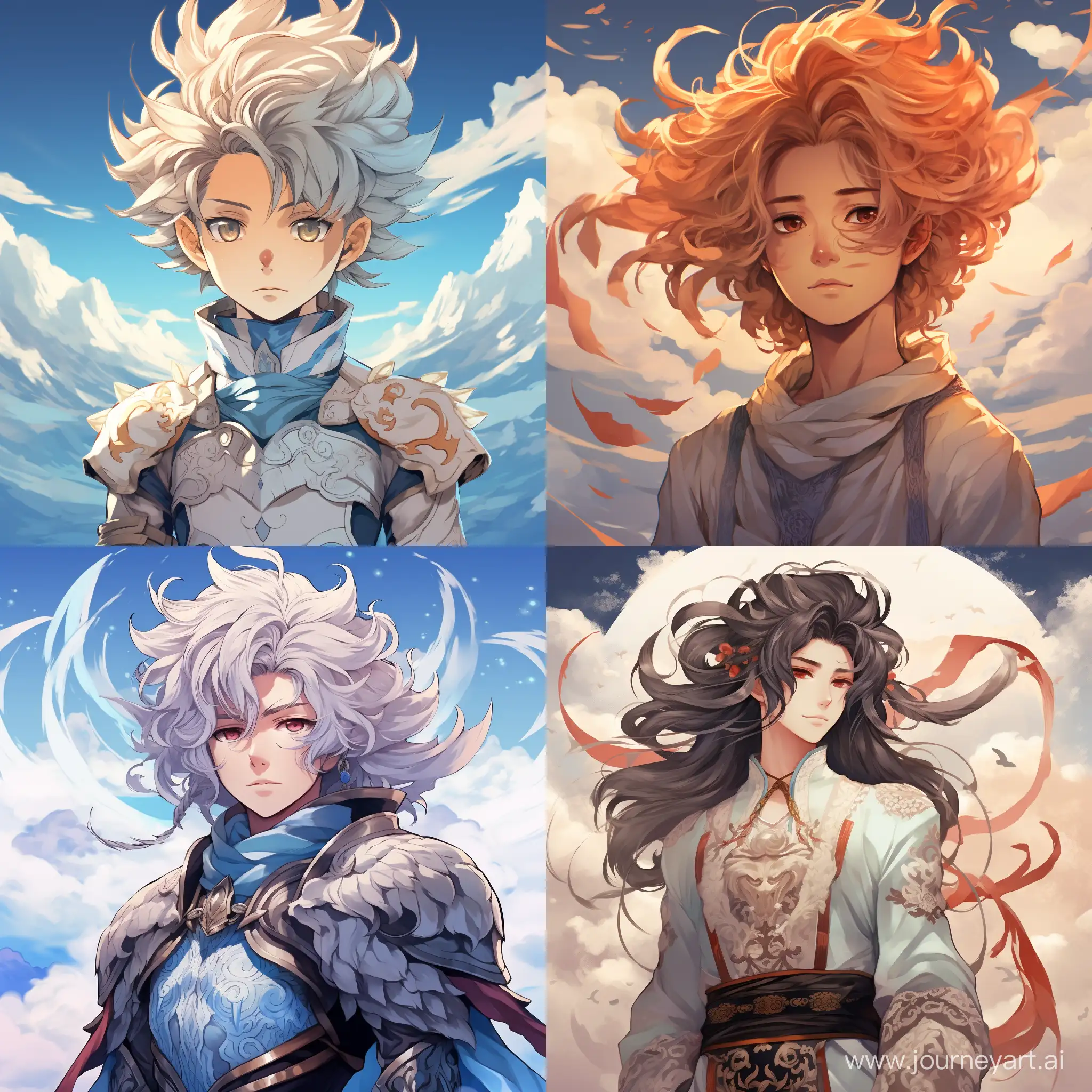 Prince of sky kingdom with hair made of clouds in anime style