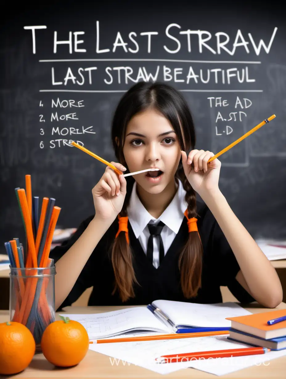 multitasking student girl in education center make more realistic and add orange black and white colors add text the last straw make girl more beautiful and stressed

