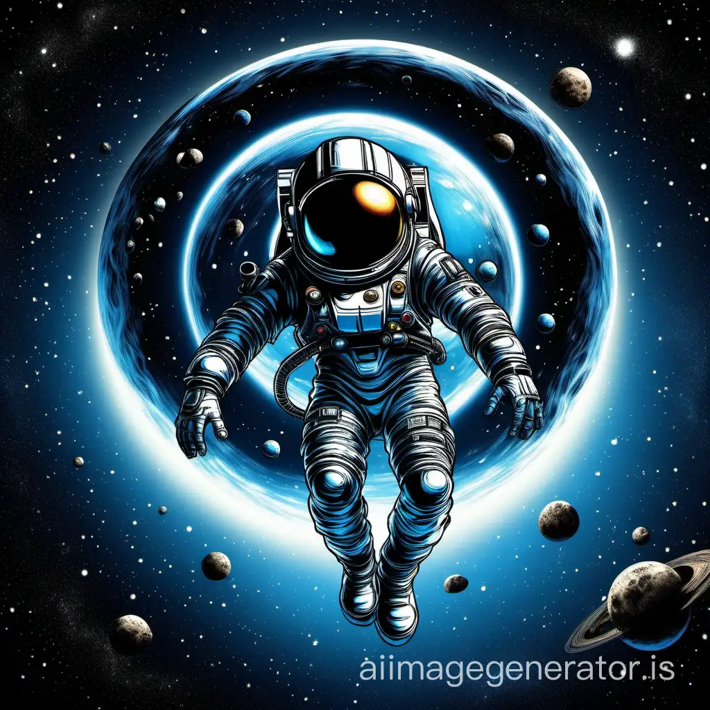 A spaceman floating in space. In his helmet we see the reflection of a new planet which is glowing in metallic blue with spacecraft floating above