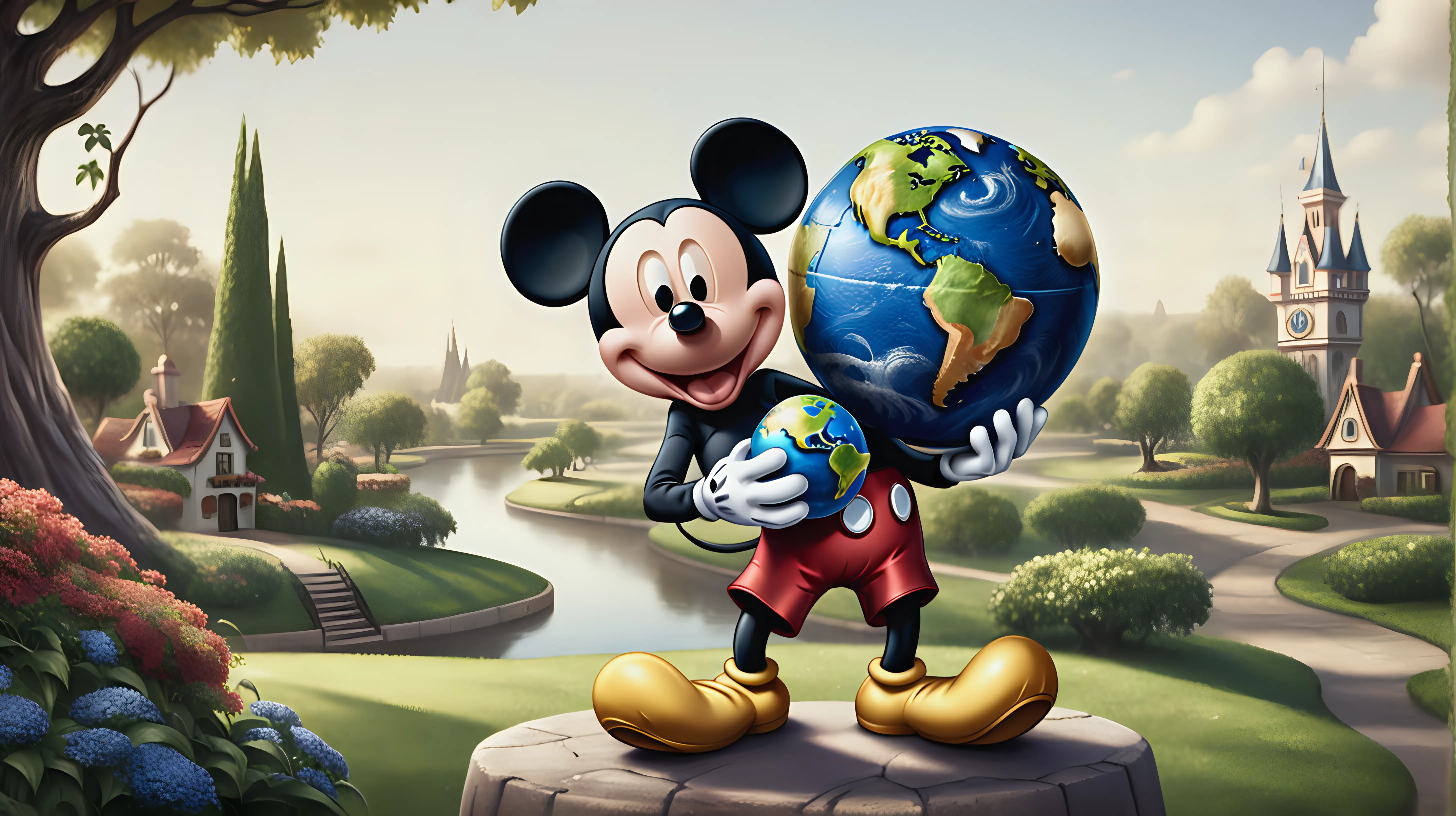 Cheerful Mickey Mouse Holding Earth Globe in Serene Landscape
