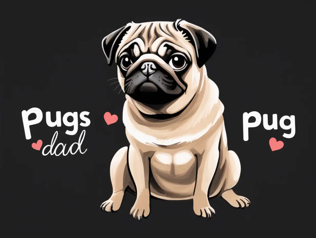 je veux la photo d'un pug avec une phrase PUG'S DAD  sur un fond noir, ajoute des coeurs et fais attention a l'orthographe



