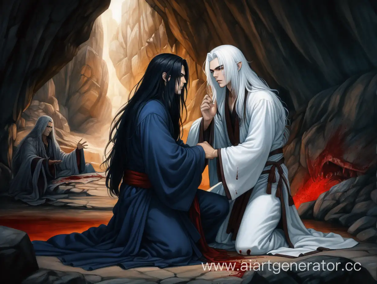 Dramatic-Encounter-Kneeling-Young-Men-in-Cave-with-Bloodstained-Robes