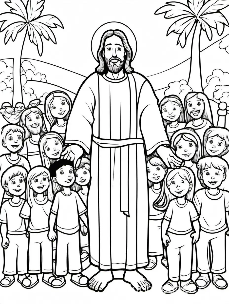 cartoon jesus loves the little children, Coloring Page, black and white, line art, white background, Simplicity, Ample White Space. The background of the coloring page is plain white to make it easy for young children to color within the lines. The outlines of all the subjects are easy to distinguish, making it simple for kids to color without too much difficulty