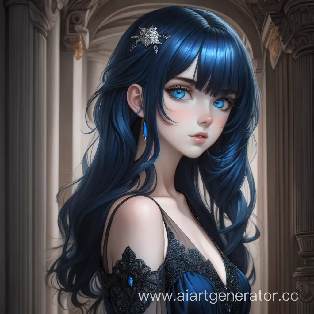 Девушка с голубыми глазами и тёмно-синими волосами в чёрном красивом платье