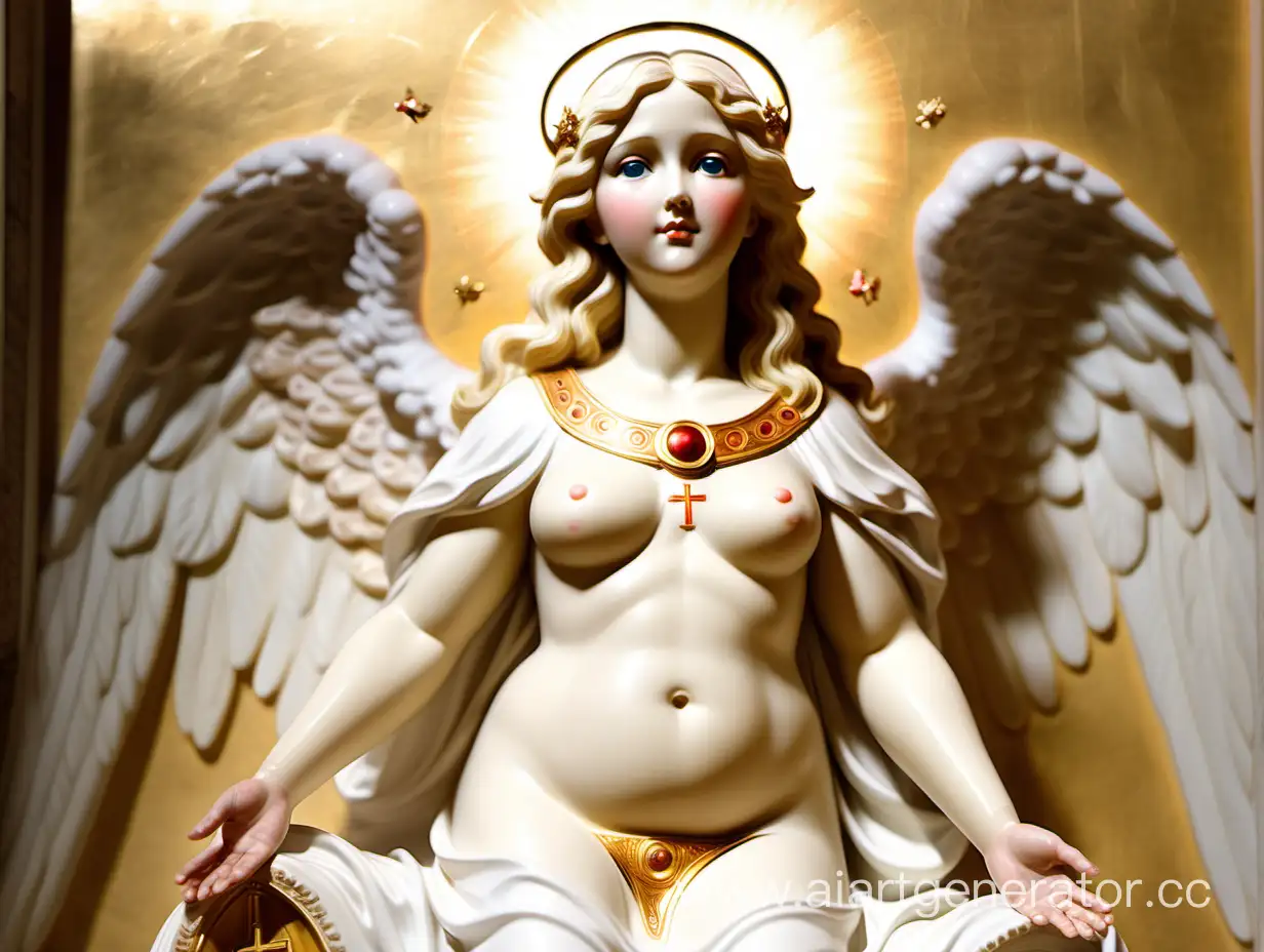 богиня толстушка блонди с крыльями с большой очень , с нимбом, на иконе в церкви много маленьких девочек рядом служат ему, для самых маленьких детей , можешь когда захочешь