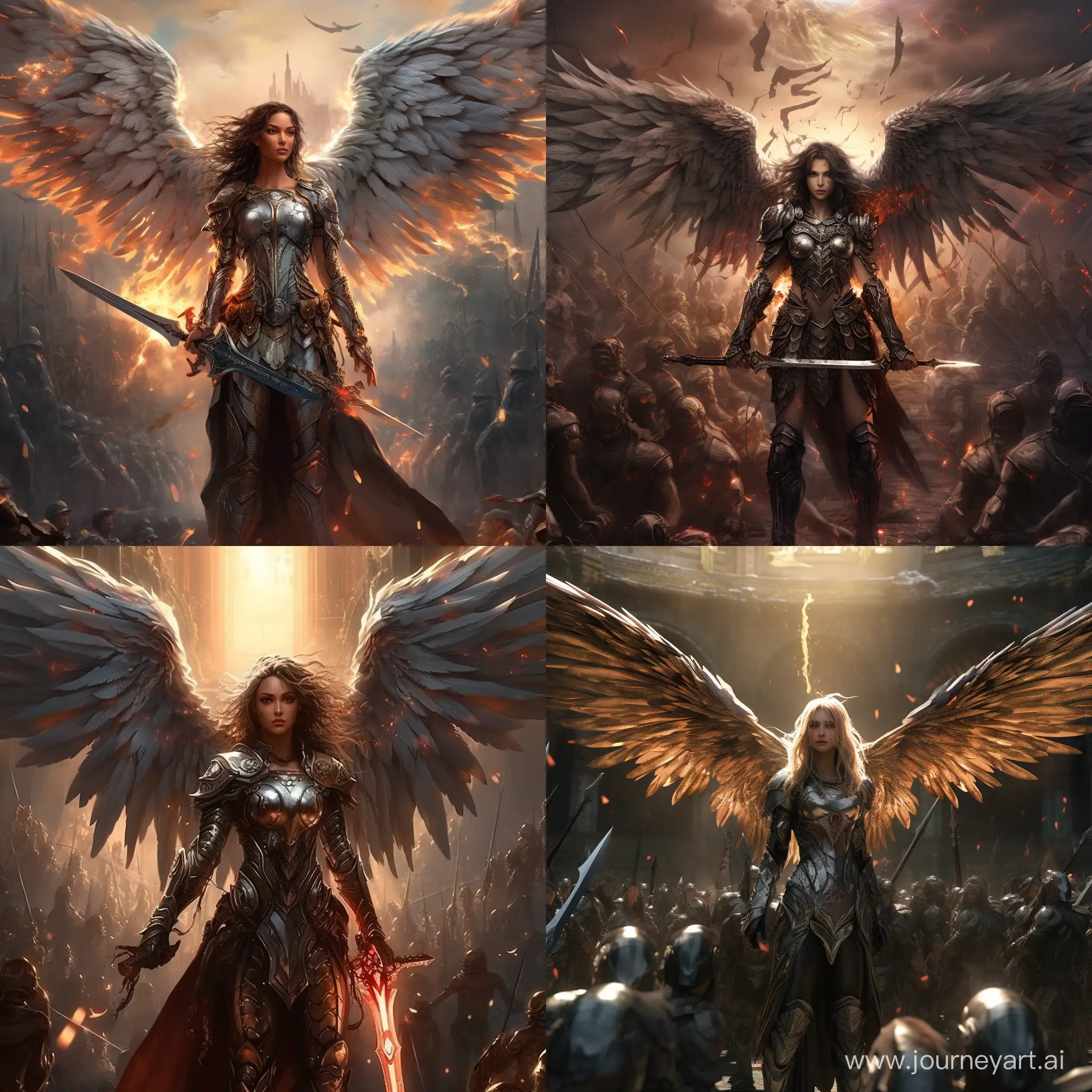 A Holy Female winged Knight in a high Fantasy setting leading a holy army in battle holding a epic weapon in a realistic epic artstyle 
