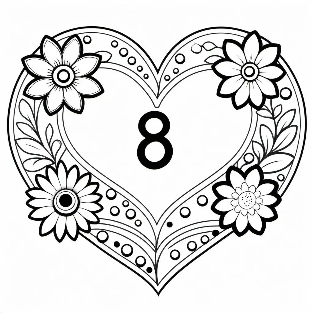 coloring book for children, different flowers around two connected hearts in the form of the number 8, in detail, in a simple cartoon style, black and white, dotted graphics, white background, simplicity, enough white space, in a simple cartoon style, isolated, coloring page, black and white, line drawing, white background, simplicity, enough white space., Coloring Page, black and white, line art, white background, Simplicity, Ample White Space. The background of the coloring page is plain white to make it easy for young children to color within the lines. The outlines of all the subjects are easy to distinguish, making it simple for kids to color without too much difficulty