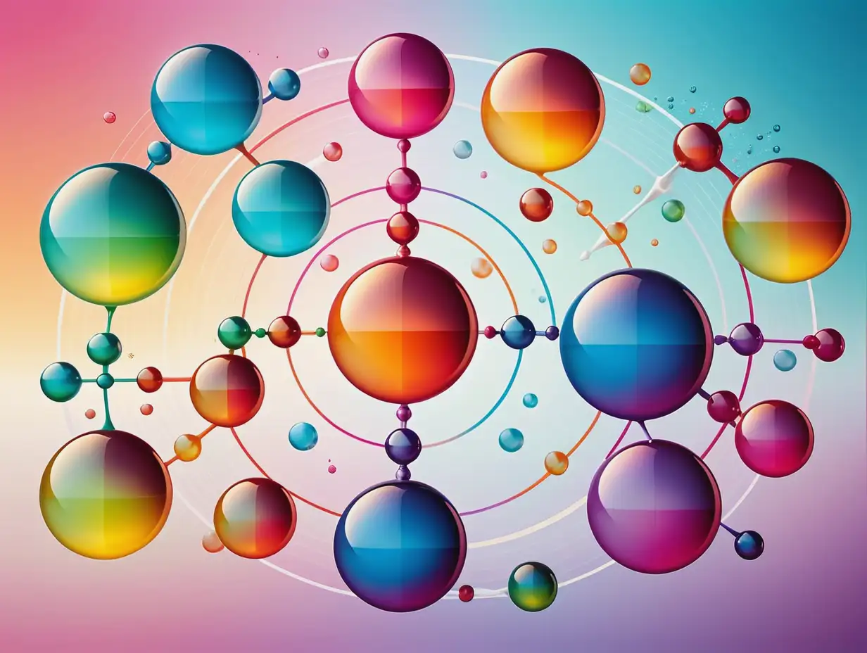 An abstract image showcasing the nine different ways glutathione aids in detoxification, each benefit represented by a different color or shape. The colors should be bright and vibrant, and the shapes should be distinctive and recognizable, such as circles, squares, triangles, or diamonds. The image should convey a sense of energy and movement, with the various shapes intersecting and overlapping in interesting ways. The background should be a gradient of shades that complements the colors used for the benefits. Overall, the image should reflect the idea of purification and revitalization that comes with detoxing using glutathione.