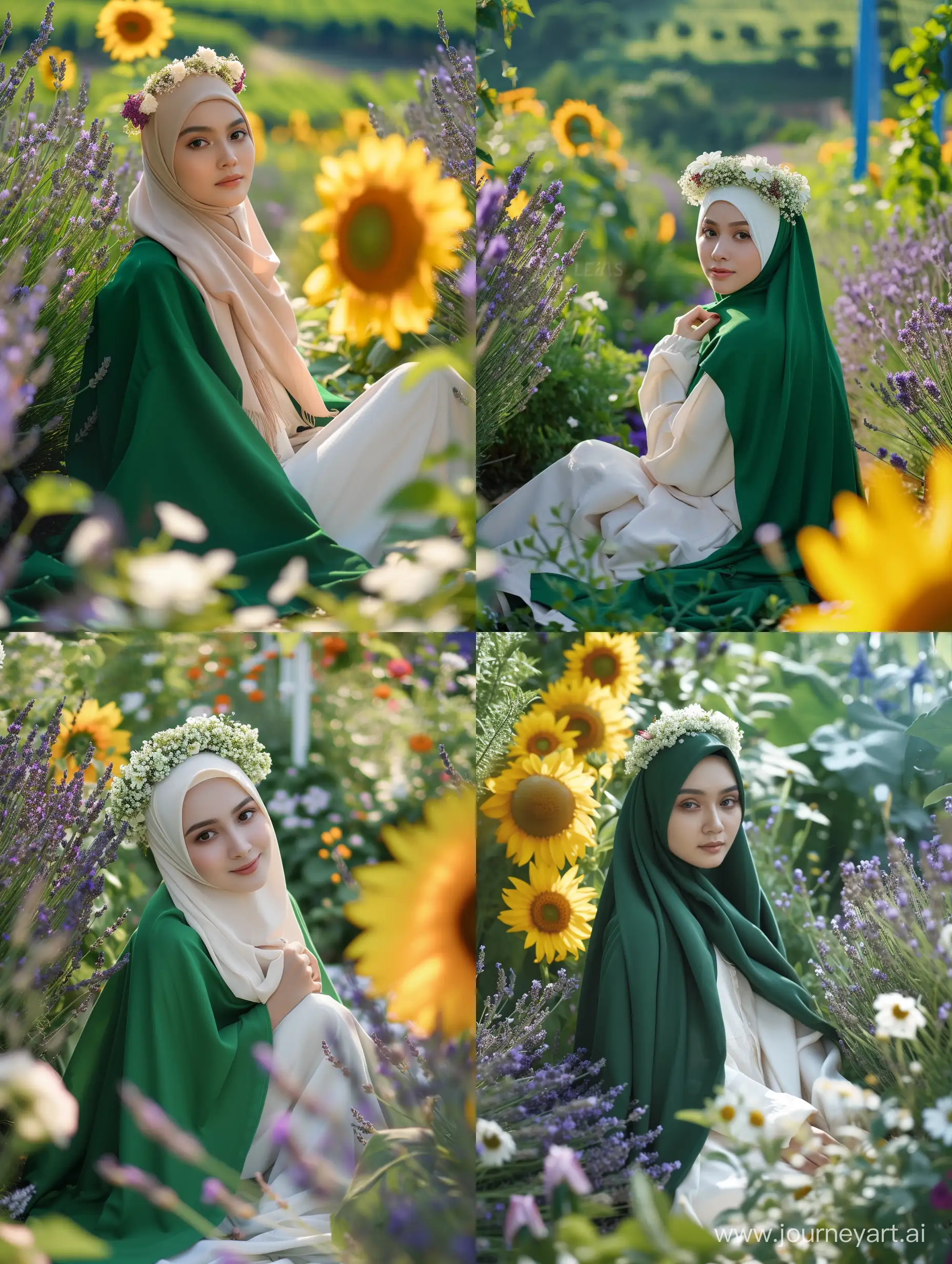 Indonesian hijab-wearing woman wearing closed Muslim clothes that are green at the top and white at the bottom, part of her clothes are covered by the hijab, there is a flower crown on her head, sitting in a flower garden view there are lavender, jasmine, sunflowers, portrait photo, photography, original HD. Ultra HD bright, true photo, high detail, very sharp, 18mm lens, realistic, photography, Leica camera