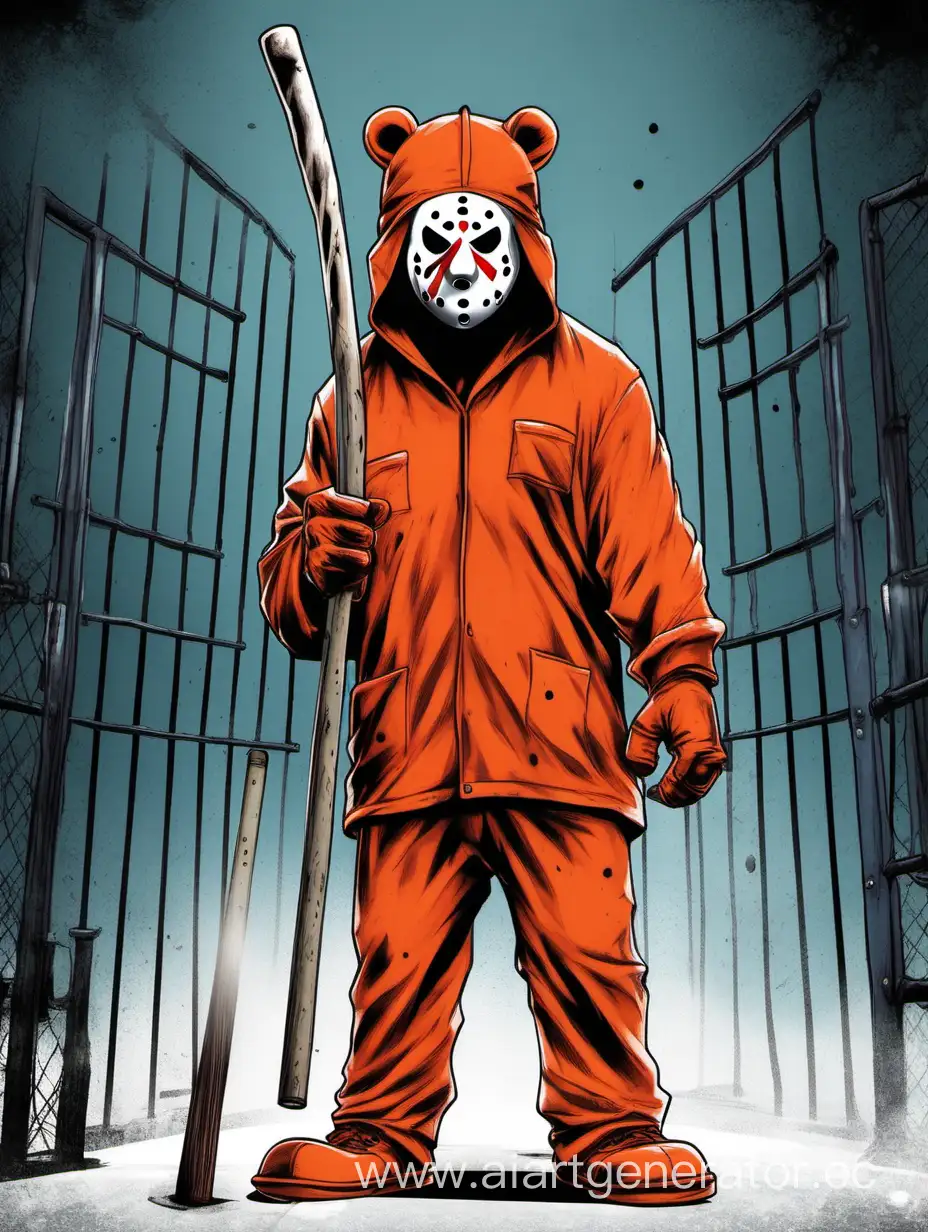 Powerful-Prisoner-Wearing-Bear-Hat-and-Jason-Voorhees-Mask-with-Police-Baton