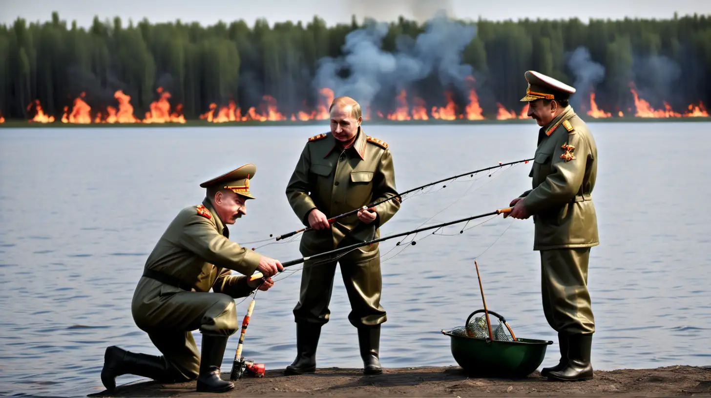 Stalin and Putin Fishing by a Burning Lake