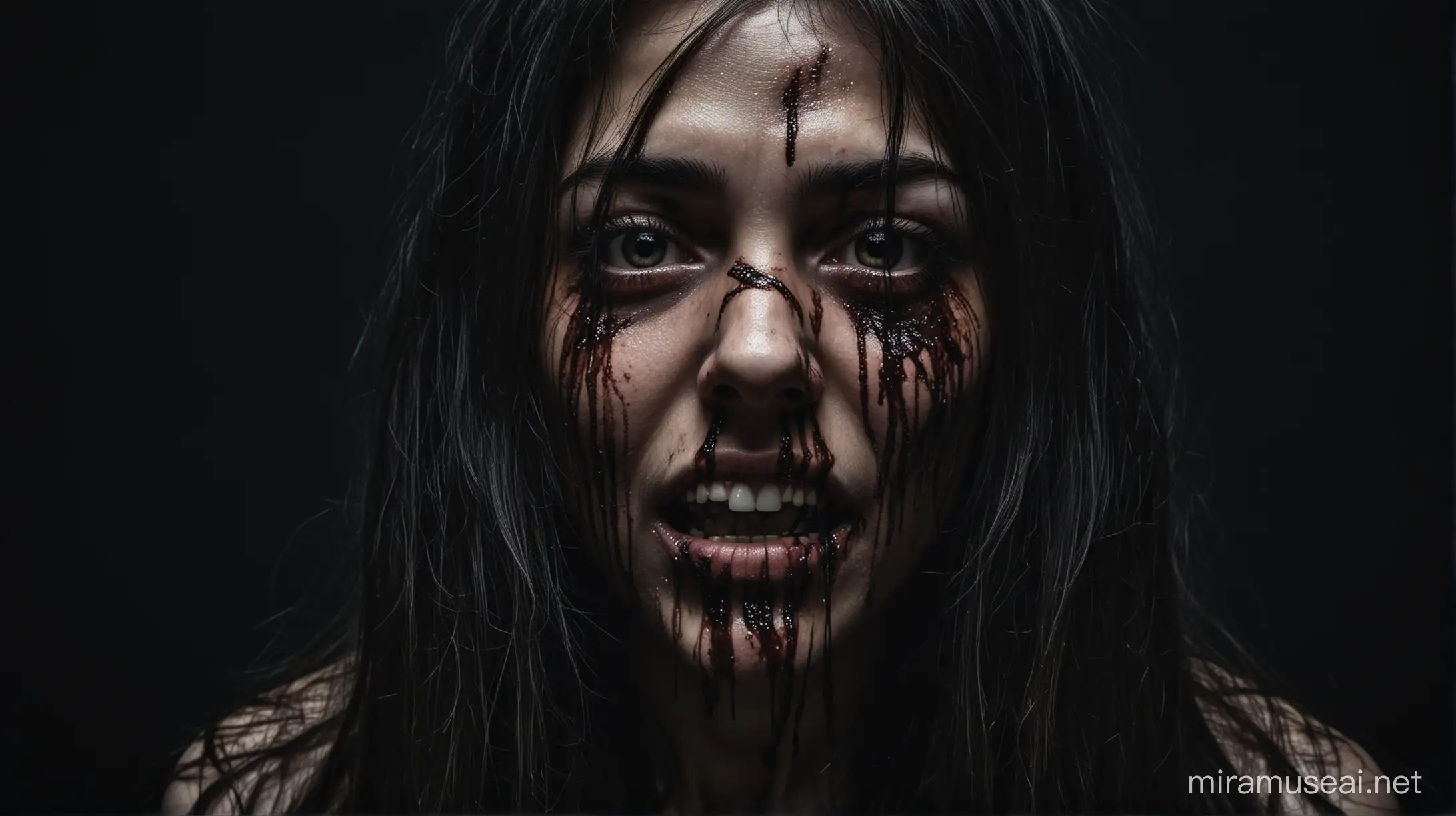 A girl on a black background, with long hair, the left side of her face is open, the right side of her face is scary, mutilated, an image in horror style