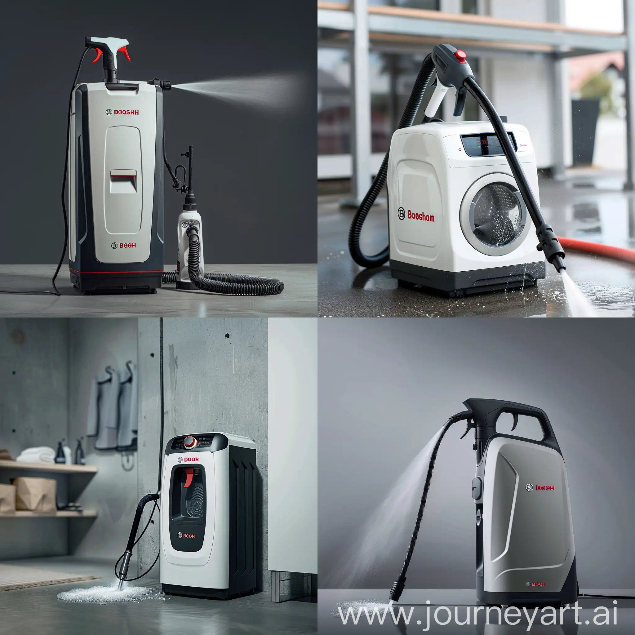 Design an image for a battery-powered pressure washer in the distinctive style of Bosch Professional, emphasizing both power and mobility.
