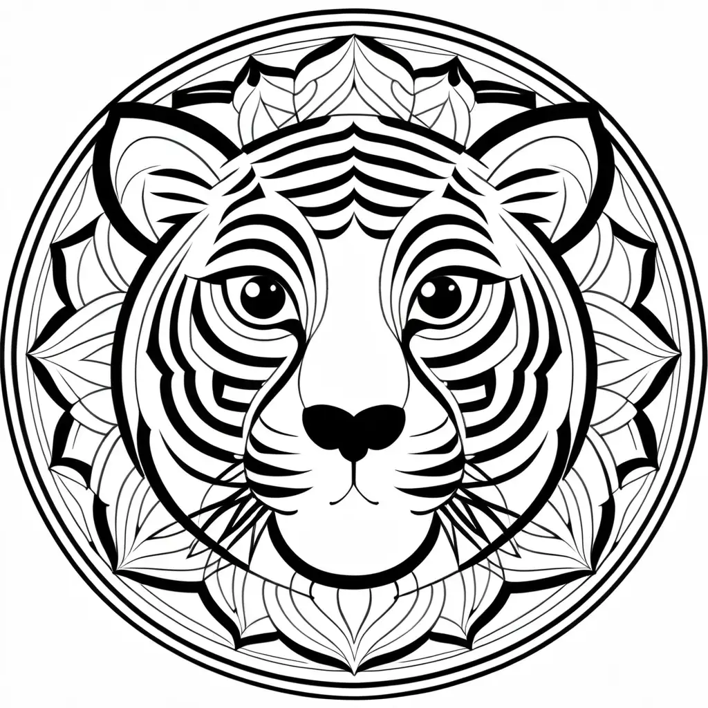 Black and white full page mandala coloring page for adults, cute face tiger, radial, full page with no borders, symmetrical, simple, geometric, abstract pattern, interlocking circles, shapes with black lines, printable outlined art, thin lines, crisp lines --style 4b --v4-, white background
