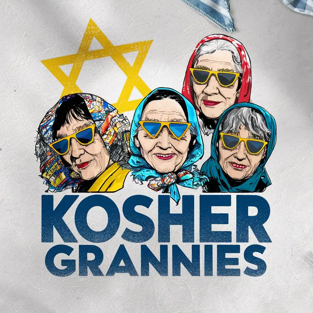 logo, Israel, yellow, blue, white, old school Jewish grannies with David star sunglasses, Israeli colorful headscarves, star of David, Paul Klee, with the text "Kosher Grannies", typography, be used in the automotive industry