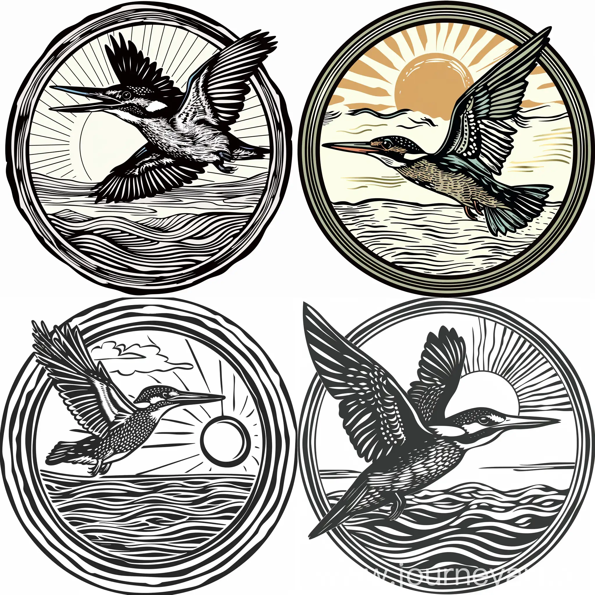 Flying Kingfisher bird, sun and wavy river in background, framed in a circle, woodcut style