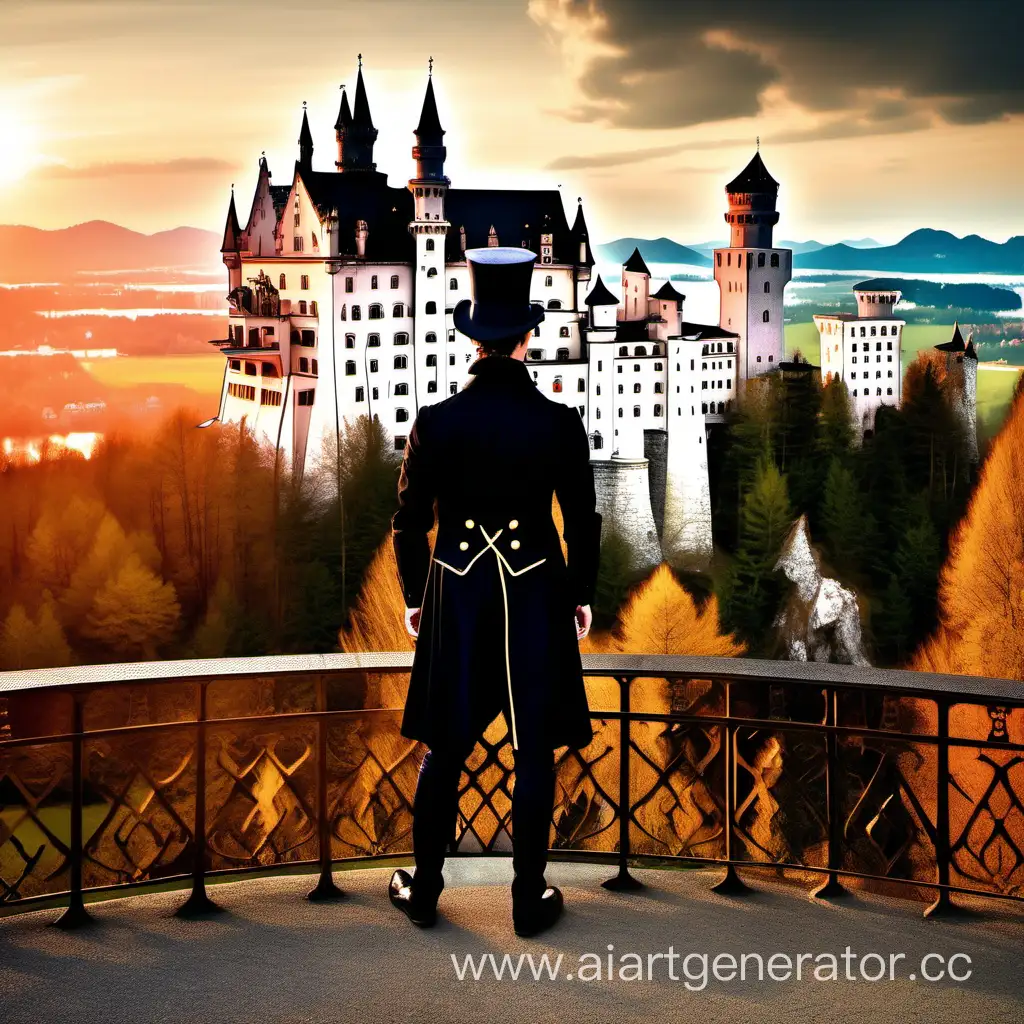 Elegant-Man-in-18thCentury-Attire-Admiring-Neuschwanstein-Castle-at-Sunset