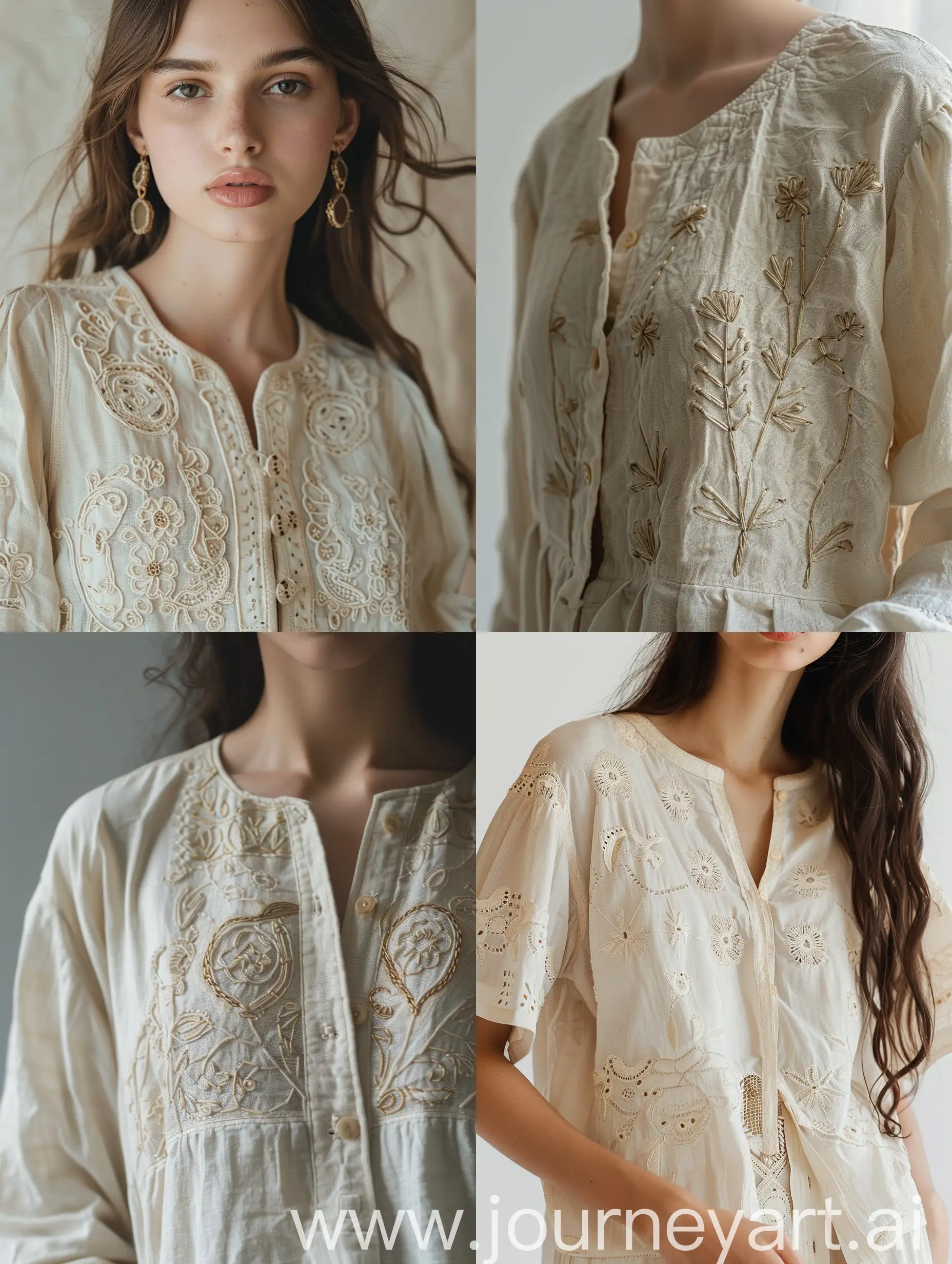Blouse, cream color, with handmade embroidery, button front,Minimal and simple embroidery . The embroideries should not be too big