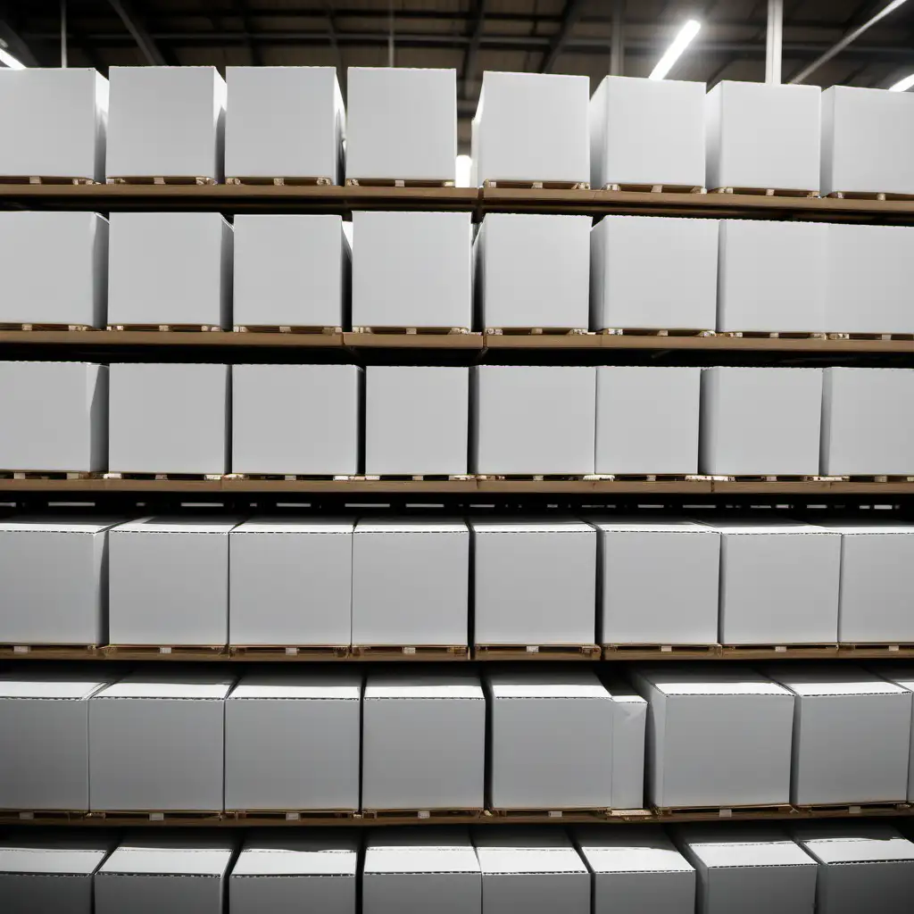 White Square Cartons Stacked on Warehouse Shelf