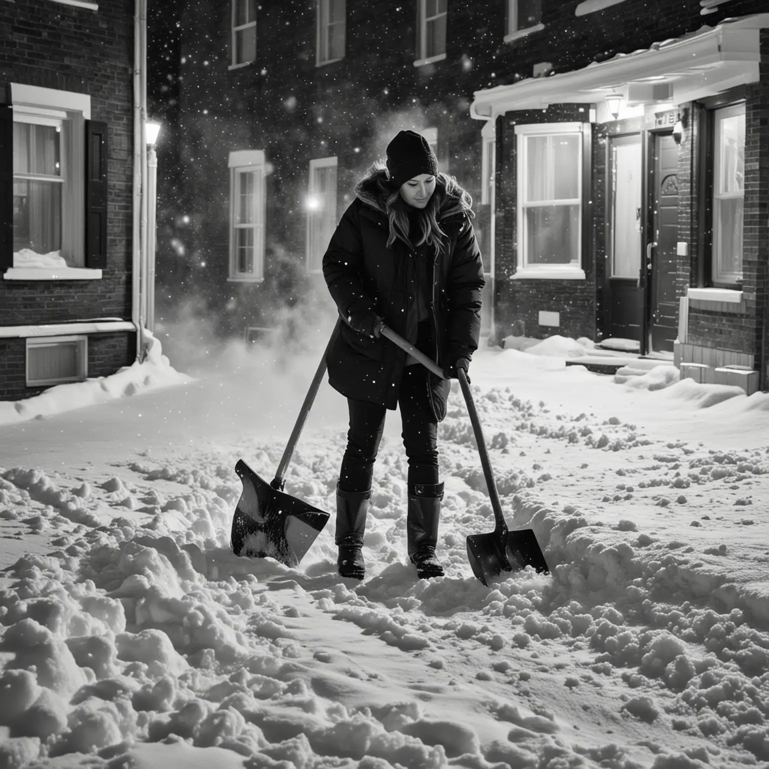 Gestalta en kvinna som skottar snö mitt i natten intill ett radhus. Gestalta bilden i svartvitt.