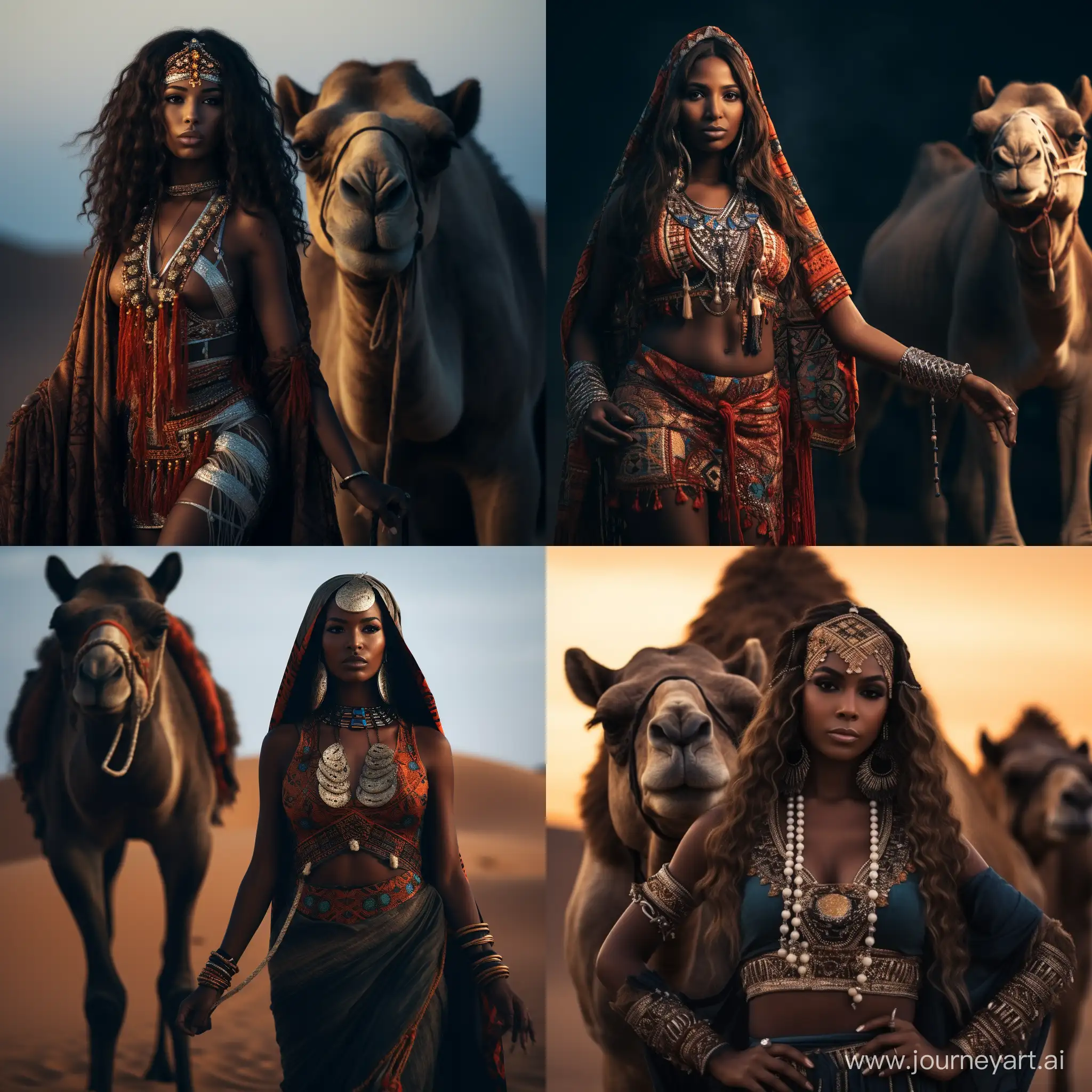 An African woman in tribal outfit walking in the desert with a camel beside her. Dark with bright piercing beautiful eyes