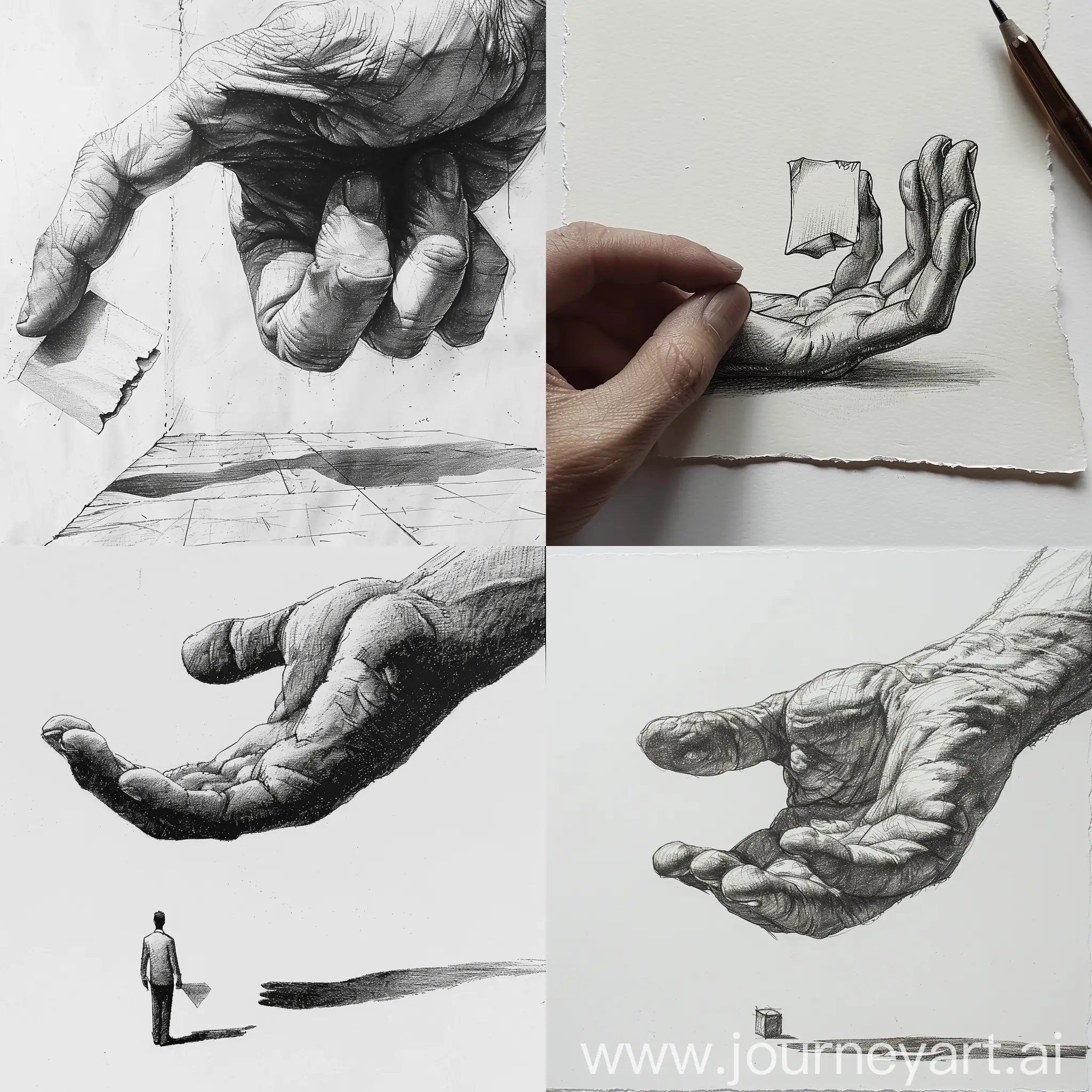 draw a huge hand holding a small-small piece of paper that is 50 times smaller than the hand --ar 1:1 --no 92069