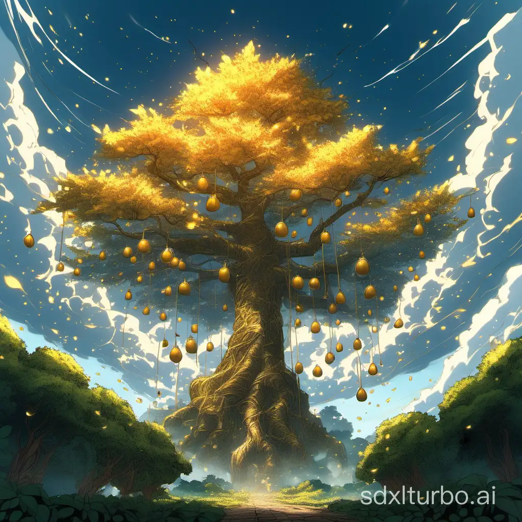 a gigantic tree reaching to the sky suddenly rises, with luxuriant branches and leaves, and golden luminescent fruit hanging on it, its crown hidden in the clouds.
