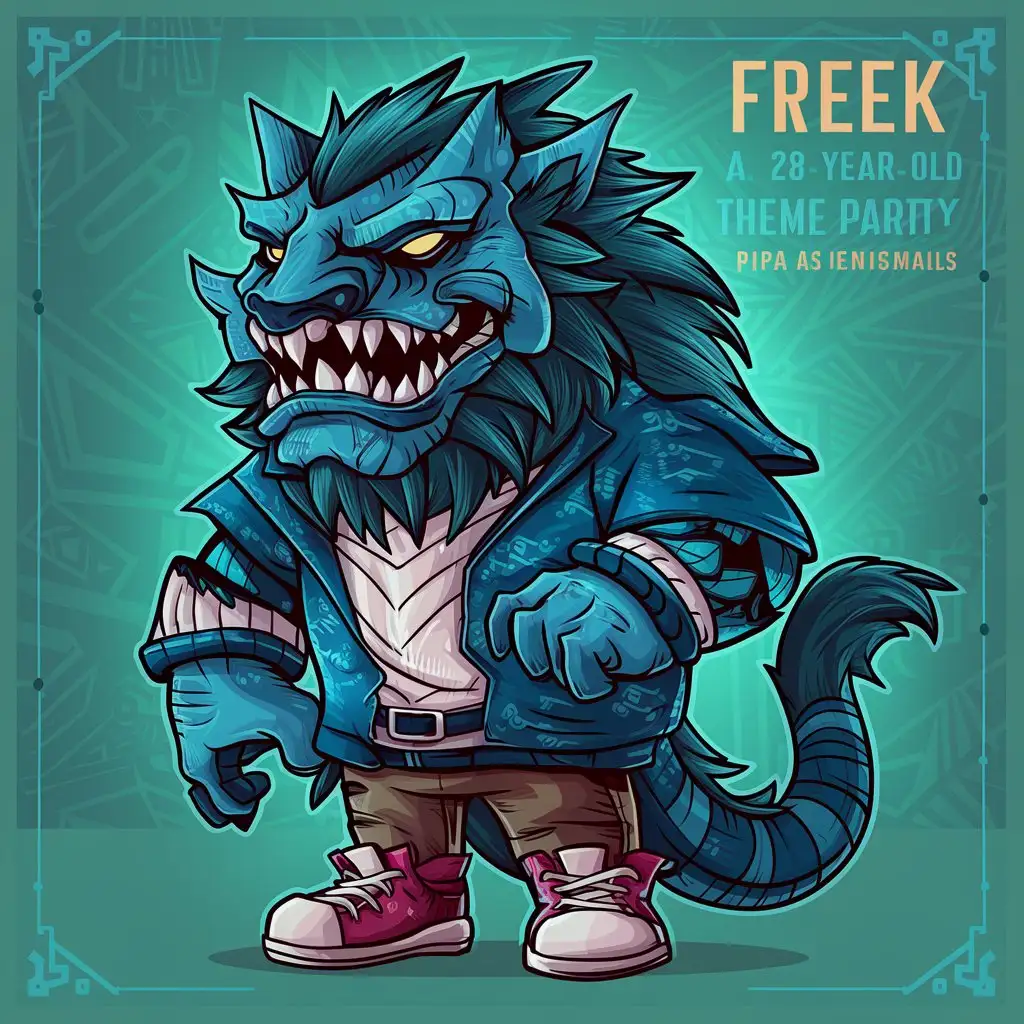 My name is Freek I am 28 years old and identify myself as neutral My favourite drink is
IPA and my favourite piece of clothing is Shoes My favourite color is blue. How should I
dress up for the theme party with my friends? Please depict me as a dangerous animal