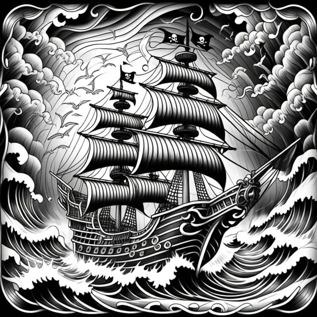 Design an adult coloring book page that is black and white with high detail of a pirate ship in a stormy sea