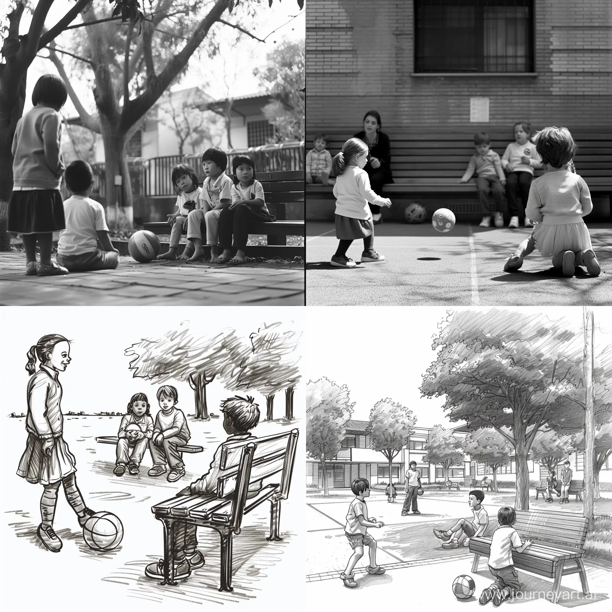 Cour d’école - 3 enfants jouent au ballon. 2 enfants sont assis sur un banc. 1 maître surveille.