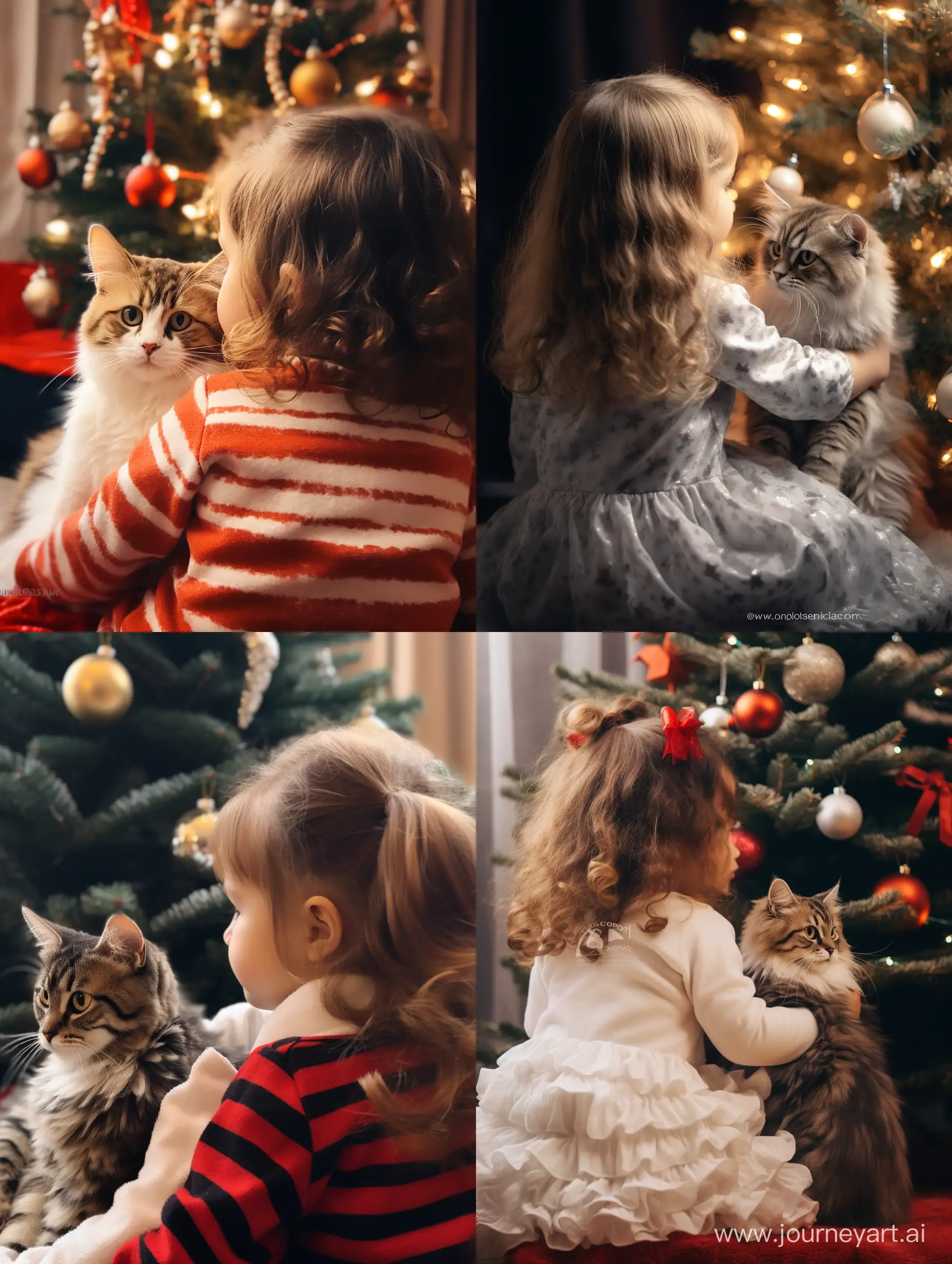 Adorable-Christmas-Moment-Little-Girl-Holding-a-Cat-by-the-Christmas-Tree