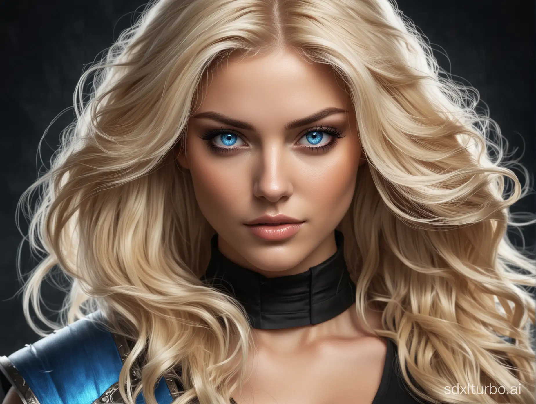 блондинка с длинными волнистыми волосами, синими глазами в стиле mortal combat