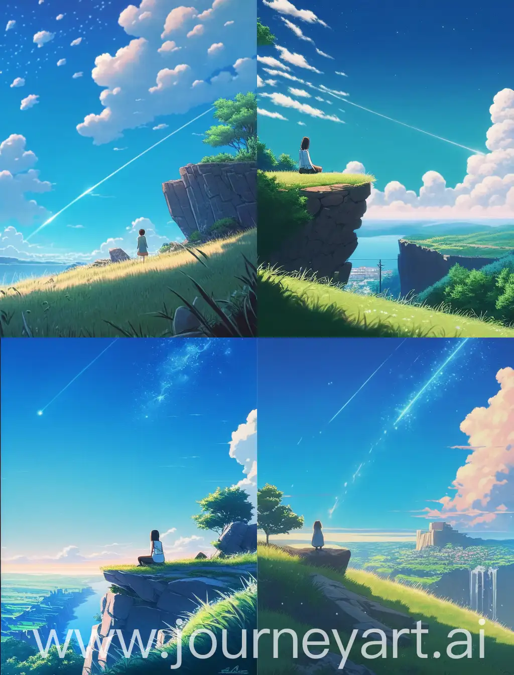 a woman looking at the beauty of the bright blue sky , meteor,sitting on the edge of a cliff, grass and trees on the left side,below is available city ,2d anime style, drawn by Makoto Shinkai, professional drawn, high resolution, 4k quality, anime movie poster, best artstyle, Masterpiece!