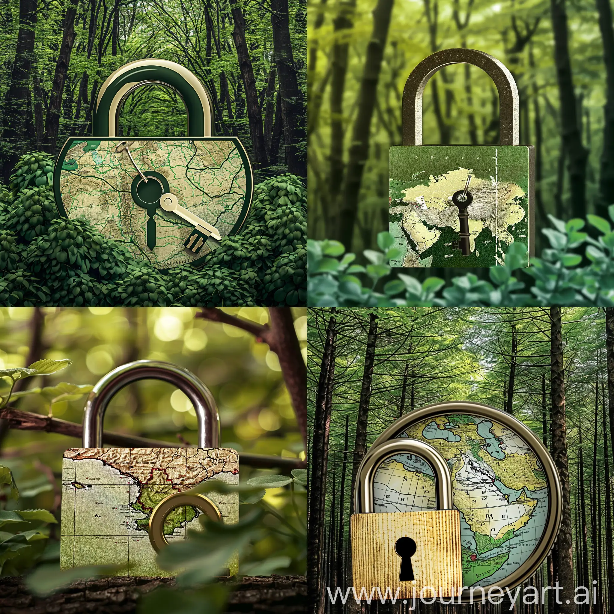 create a photo for a VPN selling company, the following should be in the photo: 1- The behind should be trees and green 2- The front of the picture should be lock with key 3- The map of Iran should also be inside the photo