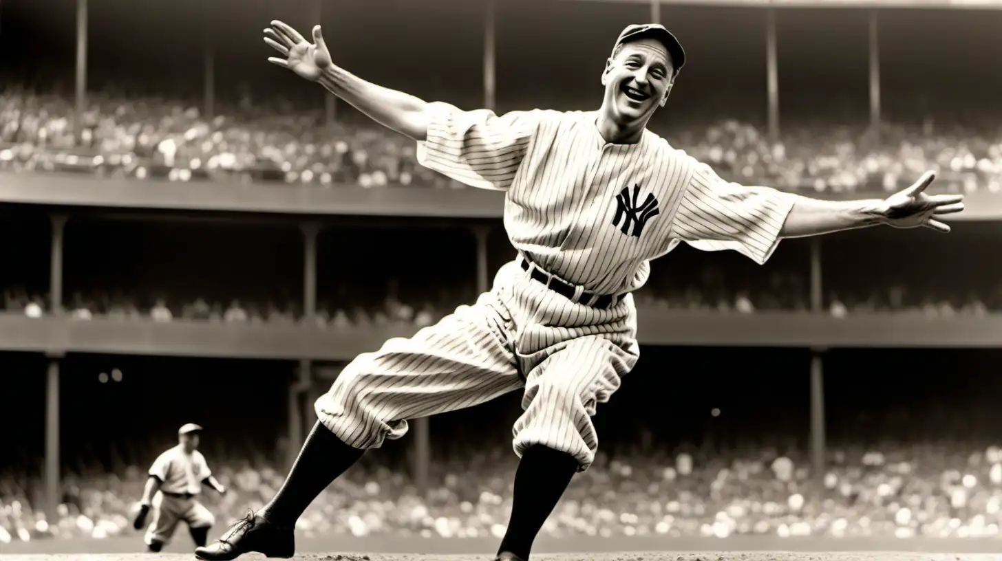 create an image of Lou Gehrig being the luckiest man on the face of the Earth in the 1930s. The image should be a fully body image with him jumping up for joy in ecstasy. He is wearing a New York Yankees jersey.