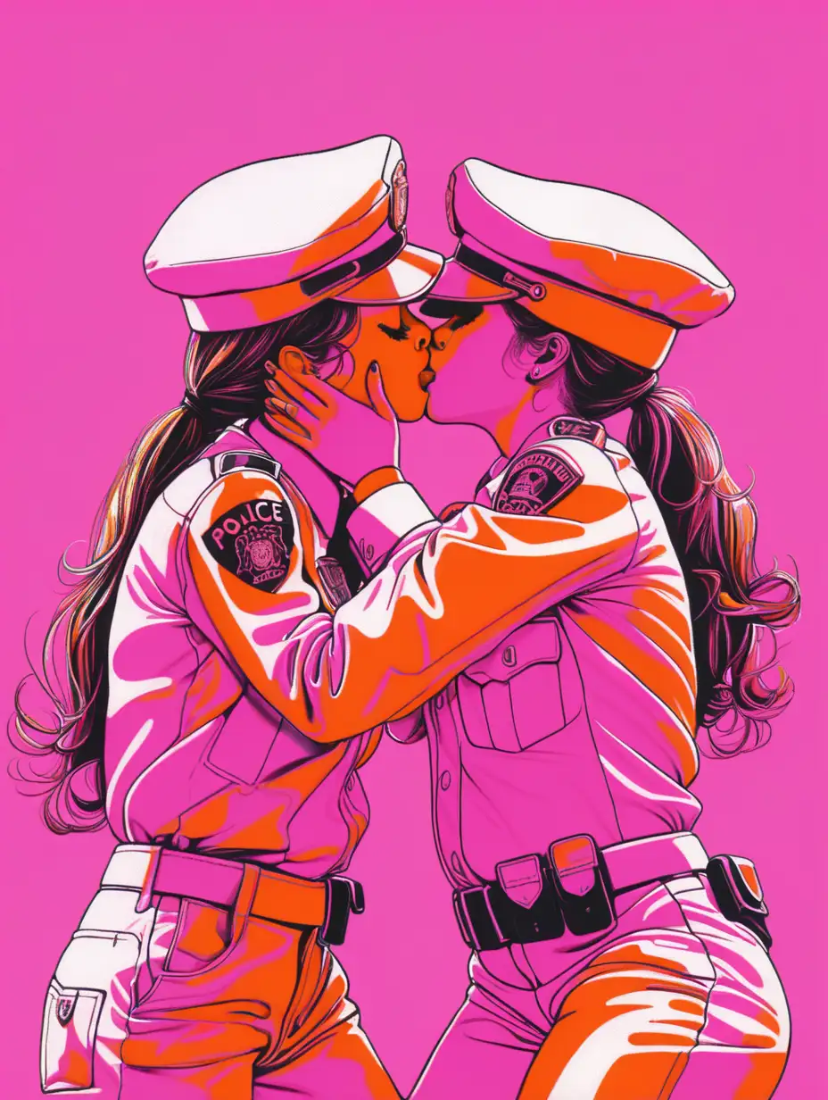 funky art in pink and orange colors, two girls are kissing around police
