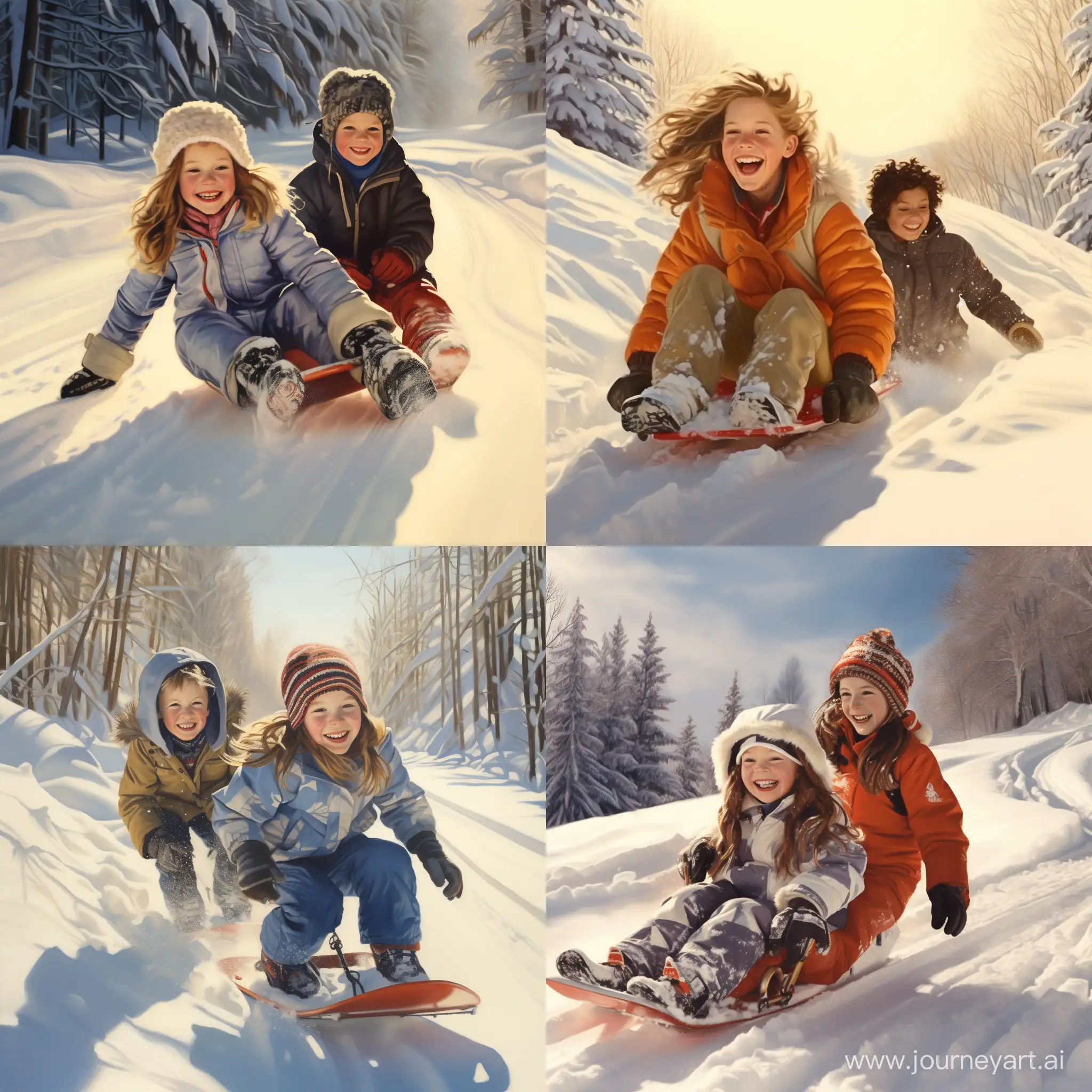 Девочка в зимней одежде и мальчик в зимней одежде, играют, веселятся и идут кататься со снежной естественной горки на санках, вокруг зимний лес, мороз и светит яркое солнце, фотография, гиперреализм, высокая чёткость