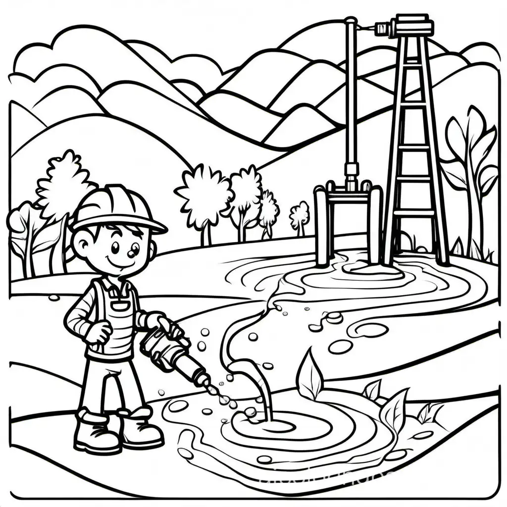 Drilling for water, Coloring Page, black and white, line art, white background, Simplicity, Ample White Space. The background of the coloring page is plain white to make it easy for young children to color within the lines. The outlines of all the subjects are easy to distinguish, making it simple for kids to color without too much difficulty