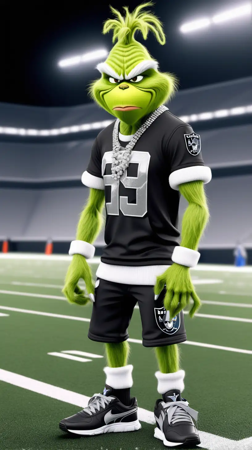 Hip Hop Grinch in NFL Raiders Bling on Football Field with Pumas