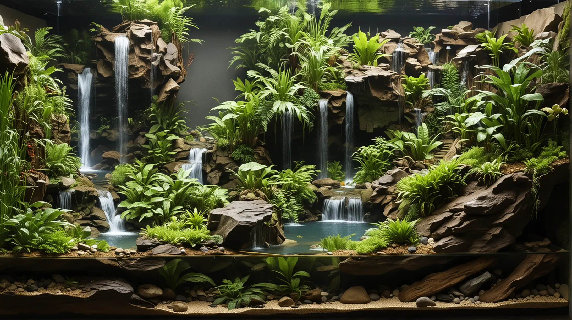 A multil-leveled terraced tropical layout in a 130cm by 45 cm by 70 cm paludarium tank adapted to a 175cm long snake with a cascading waterfall, a massive cliff feature on the left hand side, and an aquatic feature on the front of the tank paludarium.