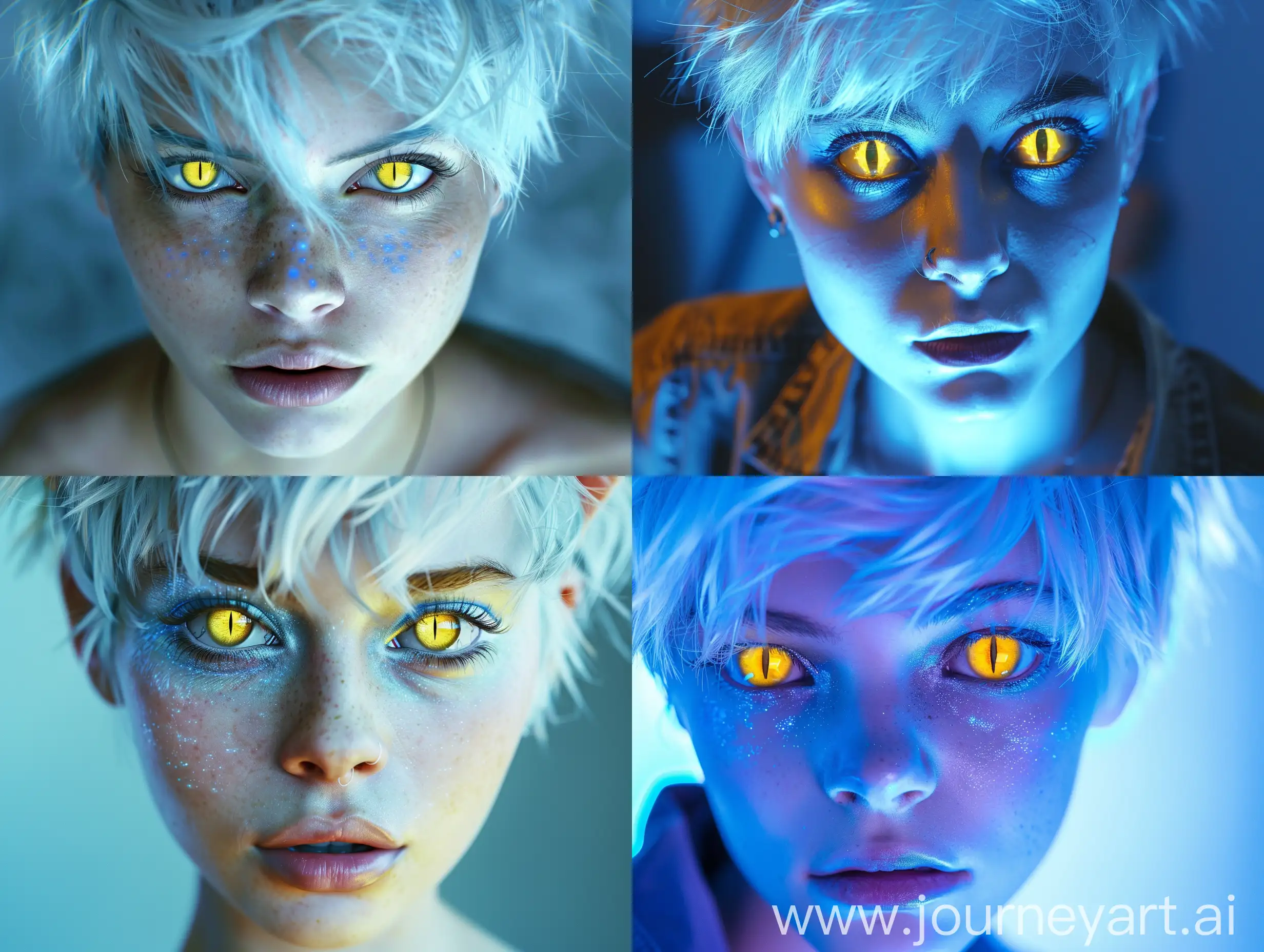 photo of pretty young woman, yellow feline eyes with vertical pupils, short and unkempt platinum blonde hair, bioluminescent blue skin