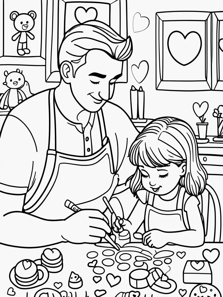 Cute, fairytale, whimsical, cartoon, younger Daddy and child making Valentine's Day-themed playdough creations, black and white, thin lines, kids coloring page, simplistic, aspect ratio 9:11, no shading